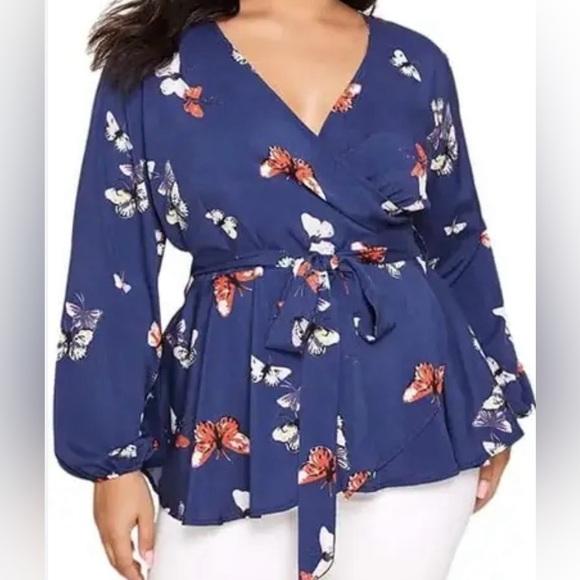 SHEIN Butterfly Print Blouse With Belt - Picture 2 of 7
